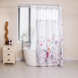 FONFLAIRE No Hook Shower Curtain Set with Snap in Liner (Pink, 72" x72, Floral) Polyester, Waterproof, Washable, Modern Hotel Style Shower Curtain with See Through Top Window—Allows Natural Lights.