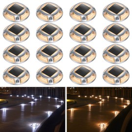 AGPTEK Solar Driveway Lights Outdoor 16 Pack, 2 Color Modes LED Deck Dock Marine Waterproof Driveway Marker Lights for Step Sidewalk Stair Garden Pathway Walkway Yard (Warm White/Cool White)