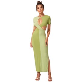 WDIRARA Women's Sexy Cut Out Keyhole Front Dress Split Side Hem Colorblock Short Sleeve Bodycon Casual Maxi Dresses Green L