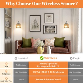 Rechargeable Battery Operated Wall Sconce with Amber Glass Lampshade, Wireless Wall Scone Decor with Remote Control, 15 Colors Brushed Nickle Wall Light for Bedside Hallway Bedroom Doorway