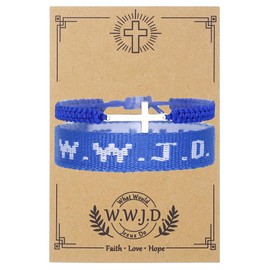 QRH Christian Cross WWJD Braided Rope Bracelet String Wrap Religious What Would Jesus Do Handmade Woven Wristbands - Royal Blue