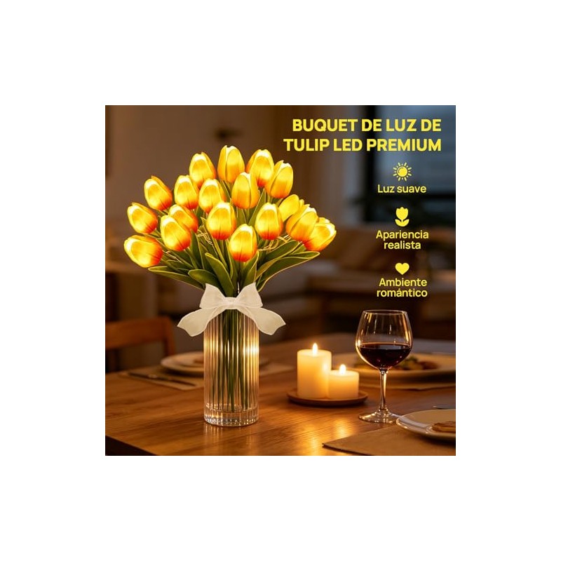 20 Tulipanes Artificiales con Luces LED, Rojo Atardecer