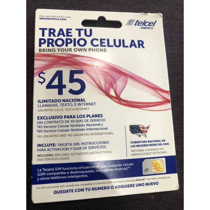 TELCEL AMERICA SIM CARD, UNLIMITED CALLS, NEW