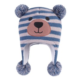 LANGZHEN Toddler Kids Toddler Winter Hat, Earflap Knitted Warm Cap Fleece Lined Beanie for Baby Boys Girls, Bear - Blue+Grey