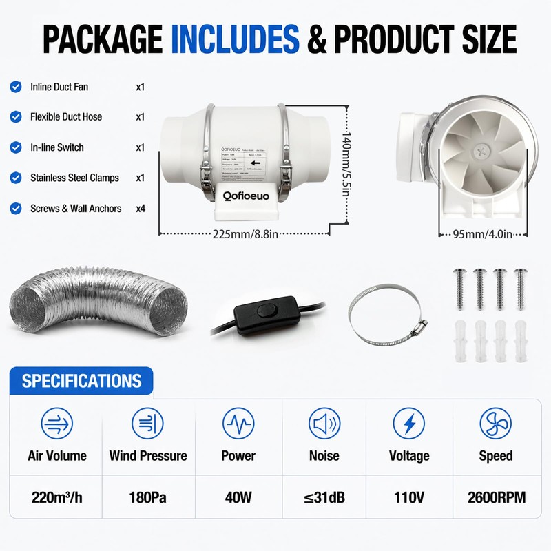 Qofioeuo 4 Inch Inline Duct Fan, 220m³, with 5ft Duct