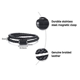 Globi Leather Bracelet For Men | Genuine Wrap Braided Leather Cuff Bangle Bracelet with Magnetic Stainless Steel Clasp For Men/Women (Black 8”)