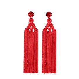 Long Woven Tassel Fringe Drop Dangle Earrings Large Beaded Chandelier Handmade Knot for Women Statement Bohemian Thread Layered-Red