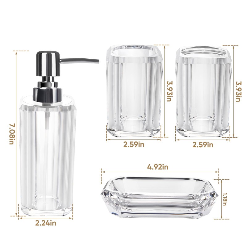 LGURT 4-Piece Clear Ribbed Acrylic Bathroom Accessory Set, Modern Countertop