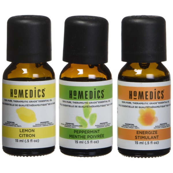 Homedics Essential Oil Set, Uplift and Energize with Lemon Citrol, Peppermint Menthe Poivree, and Energize Stimulant. 3-Pack Essential Oil Kit for Diffusers, 15ml Each