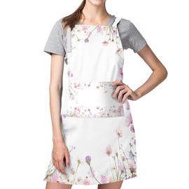 ZSYTZL 1PC Apron with Pockets,Adjustable Waterproof Portable Aprons,Cute Floral for Woman Kitchen Cooking Gardening Waiter Mom Father-Purple Flowers