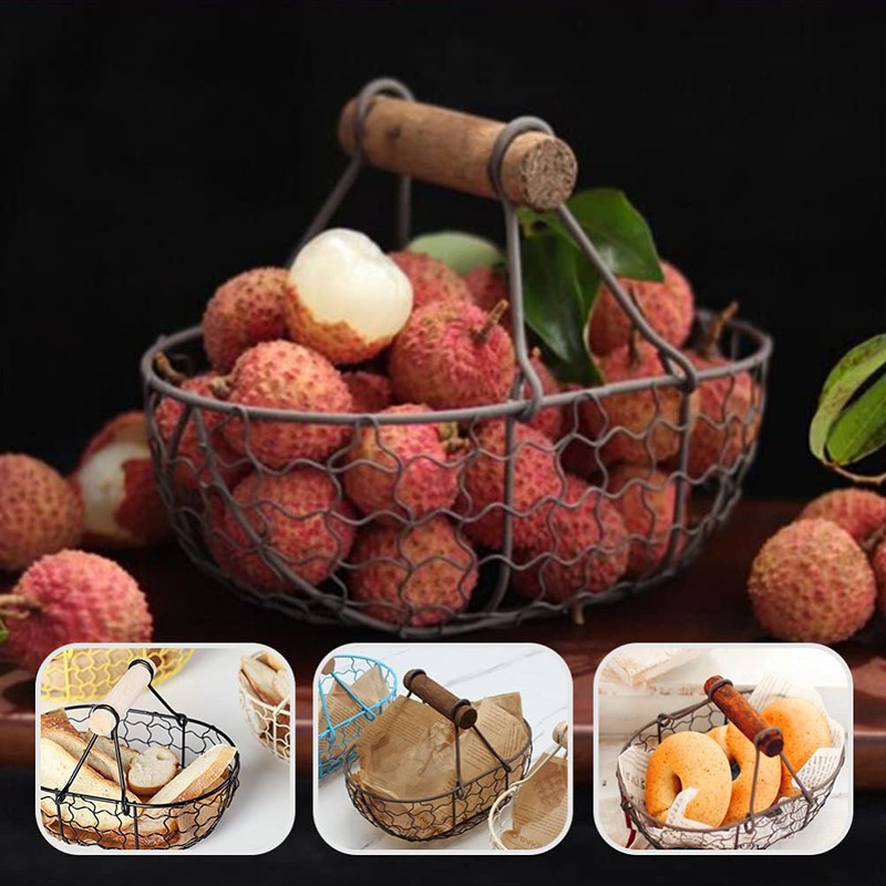 Angoily Pack of 3 Wire Egg Basket with Wooden Handle