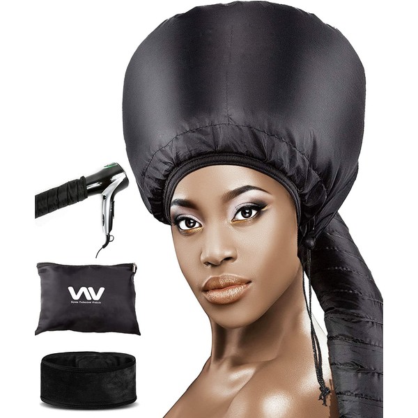 Bonnet Hood Hair Dryer Attachment Set - Soft Adjustable Hooded Bonnet for Hand Held Hair Dryer - Including Head Band for Drying Styling Curling Deep Conditioning