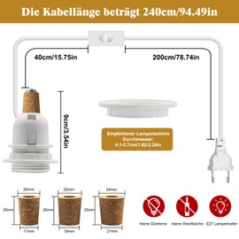 Pack of 2 E27 Lamp Holder for Bottles, Socket with 240 cm Cable, White Bottle Light, Bottle Lamp Adapter with 3 Cork, Bottle Lamp Attachment, DIY Light Shade Table Lamp Kit for Various Bottles