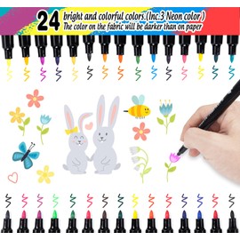 ABSOFINE 24 Textile Pens Machine Washable, 24 Colour Fabric Colouring Pens with 8 Fabric Pockets for Boys Girls, Washable Textile Paint Textile Marker for T-Shirt Fabric Bags Hats DIY Crafts Clothing