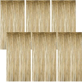 6 Pack Champagne Gold Metallic Tinsel Foil Fringe Curtains, 1 m x 20 m Champagne Gold Foil Curtain Backdrop, Tinsel Backdrop Streamers, for Birthday Engagement Weddings Parties Holiday Decoration