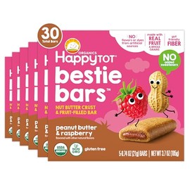 Happy Tot Organics Bestie Bars Nut Butter Crust & Fruit-Filled Snack Bars, Organic Toddler Snacks with Gut-Friendly Fiber, Peanut Butter & Raspberry, 6 Boxes (5 Bars Each)