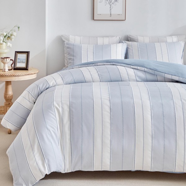 WARMDERN Blue Striped Weave Duvet Cover Queen Size, White Knit