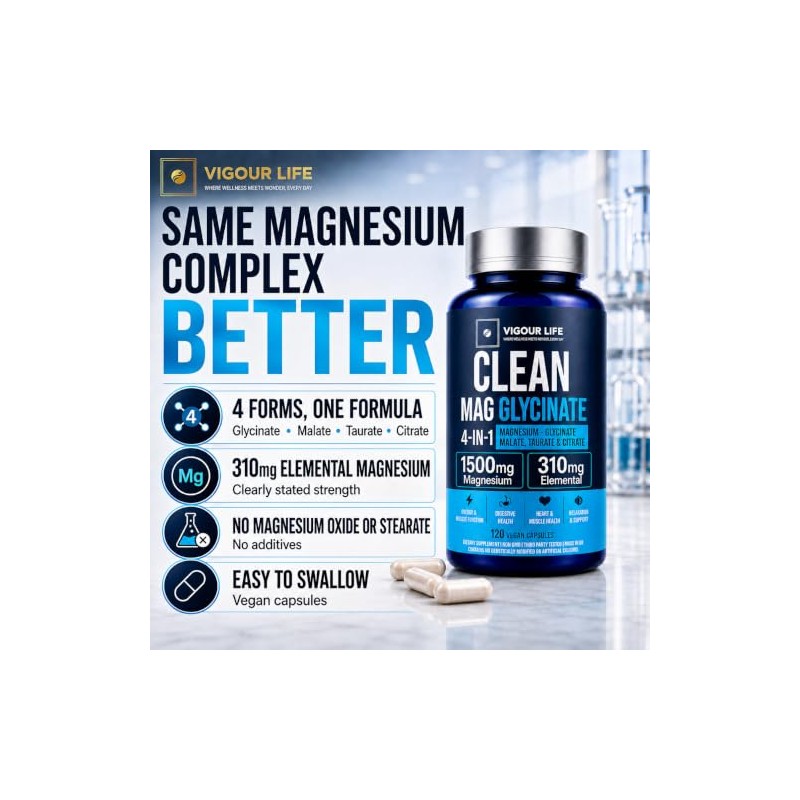 Clean Magnesium Glycinate 1500mg, 4-in-1 Complex, 120 Vegan Capsules