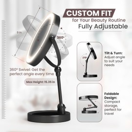 Glowden Smart 9" LED Light Makeup Mirror, Rechargeable, 1X/10X Magnifying Vanity Mirror with 3 Color Lights, Height Adjustable, Large Tall 360° Swivel Double Sided Standing Travel Mirror (Black)