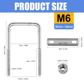 Vexran U-bolts M6, U bolts, square bracket 50 x 80 mm, U screws, stainless steel with square U bracket with thread, with 12 nuts and 6 frame plates, suitable for automobiles, pipes, industry