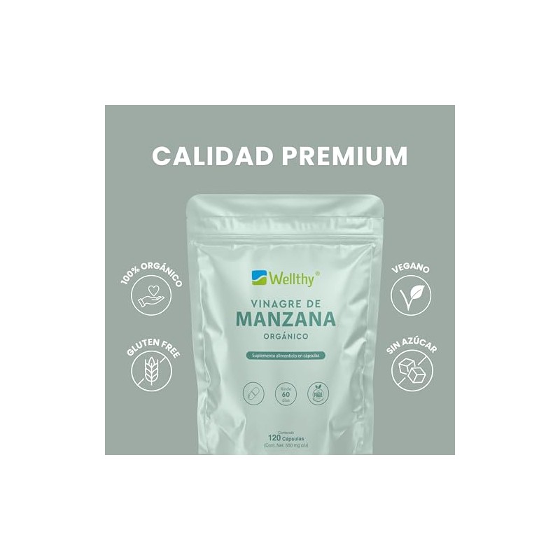 Wellthy Vinagre Manzana 120 Cápsulas 550mg Suplemento Alimenticio Orgánico Vegano