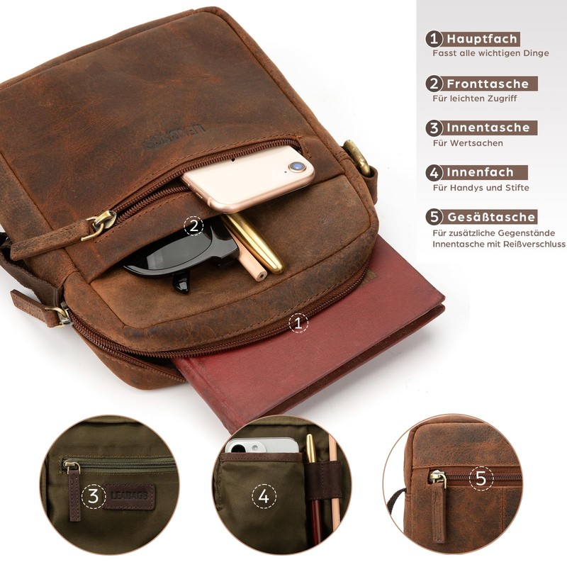 LEABAGS Men's Leather Small Shoulder Bag, Messenger Bag with Shoulder