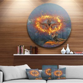 Designart God in The Burning Bush Landscape Metal Artwork-Disc of 38 inch, 38x38-Disc, Yellow/Blue