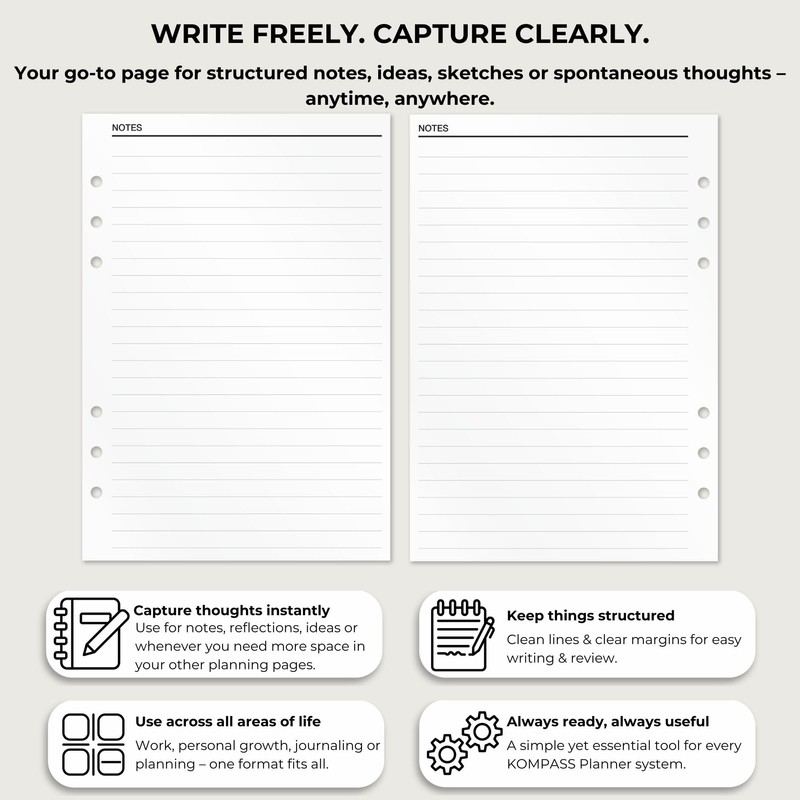 KOMPASS® Notebook Inserts for Ring Binder Planner | A5 (14.5