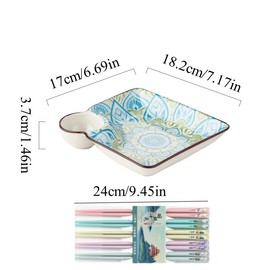 6 Pack Dumpling Plate with Dipping Saucer 7.17 in Ceramic Sushi Plates Chips and Dip Plate Japanese Sushi Platter with 5 Pairs of Chopsticks Square Serving Plate with Dip Saucer for Home Kitchen