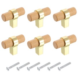 QUARKZMAN 6 Pcs T Shaped Wooden Drawer Handles Wooden Single Hole Dresser Drawer Knobs Furniture Dresser Pull Handles with Screws for Home Kitchen Room Cabinet Beech Wood / Gold