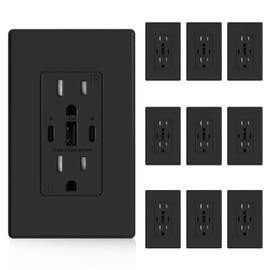 ELEGRP USB Outlets, 30W 6.0 Amp USB C Outlets Receptacles, 3-Port USB Wall Outlet, 15 Amp Tamper-Resistant Outlet with 2 USB C Ports, UL Listed, Screwless Wall Plate Included, 10 Pack, Matte Black
