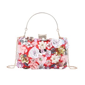 Fecialy Women's Floral Evening Handbags Colorful Rhinestone Clutch Purses Floral Bride Wedding Handbag Chain Shoulder Bag, Red, Small