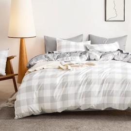 Wake In Cloud - Gingham Comforter Set, Plaid Buffalo Check Checkered Cottagecore Cute Geometric, Soft Lightweight Bedding, 3 Pieces, Light Grey White, Twin/Twin XL Size