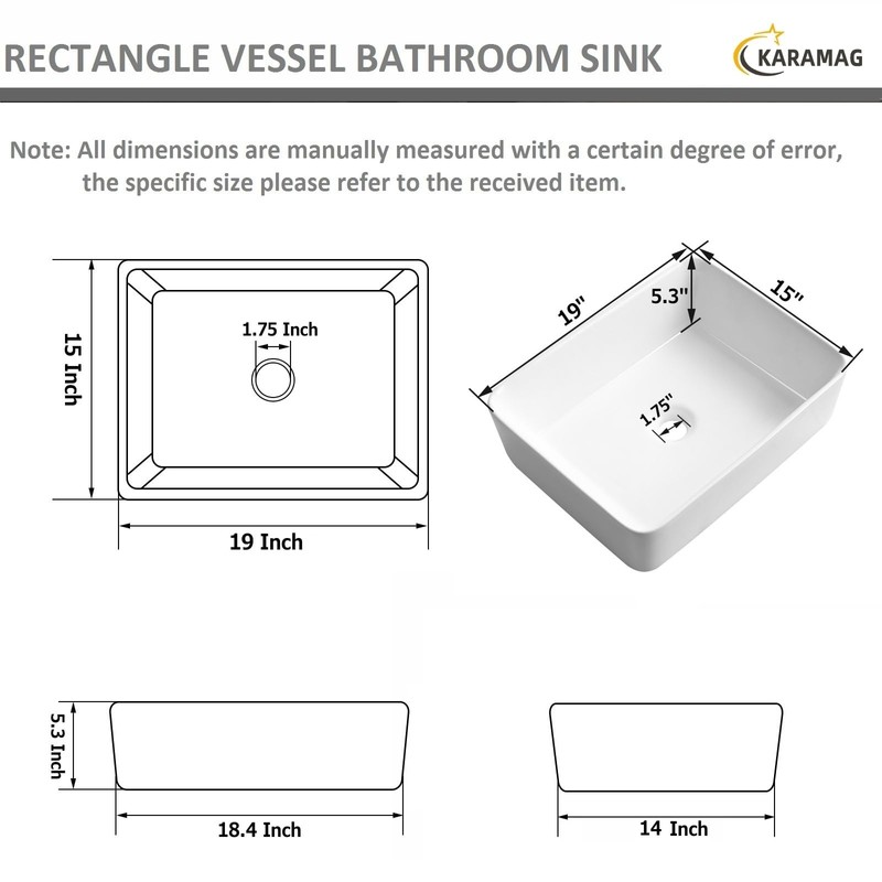 Bathroom Vessel Sink Rectangle-KARAMAG 19x15 Inch Bathroom Sink Countertop Rectangular