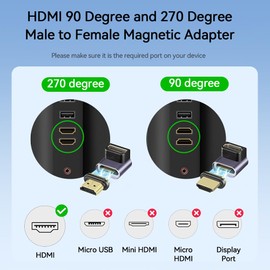 HESKUL Magnetic 8K HDMI to HDMI Adapter, 90 Degree and 270 Degree HDMI 2.1 Female to Male Magnetic Connector Extension Converter Support 8K@60Hz 48Gbps for Laptop, PC, Monitor