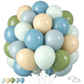 Blue and Green Balloons,60 Pcs 12 Inches Avocado Green Macaron Green Retro Sea Blue Fog Blue Retro Apricot Balloons for Birthday Baby Shower Graduation Engagement Party Decorations
