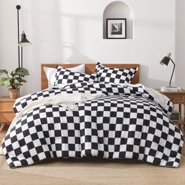 Andency Checkered Comforter Full(79x90Inch), Black White Plaid Gingham Buffalo Grid Bed Set for Boys Kids Teens, 3 Pieces Lightweight Microfiber Geometric Preppy Bedding