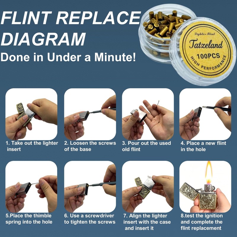 Tatzeland Lighter Flint Kit, 100 Pieces High Performance Flints with