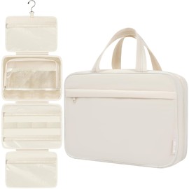 prezon Toiletry Bag For women,Portable Hanging Organizer,4 Leakproof Compartment for full-sized Conditioner, Brushes Set, Makeup Accessories,Visible and easy to access.L-beige
