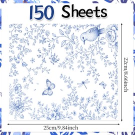 CCINEE 150Pcs Blue Floral Wax Paper Sheets for Food, Grease Proof Chinoiserie Bird Deli Sandwich Wrapping Food Basket Liners Bakery Kitchen, 9.8 x 8.7 Inch
