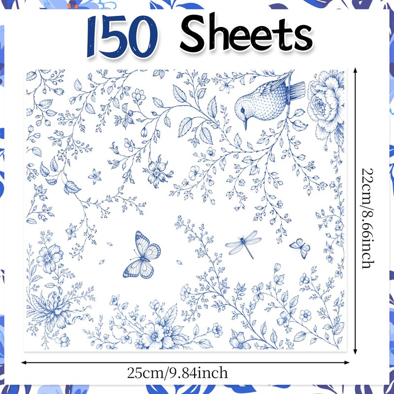 CCINEE 150Pcs Blue Floral Wax Paper Sheets for Food, Grease