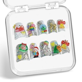 Christmas Press on Nails Handmade Cute Cartoon Santa Claus Elk Christmas Tree Bells Rhinestones Full Cover Glitter Snowflake Short Duck Stick on Nails Xmas Thicked False Nails for Women (Size S)