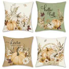 Bonhause Autumn Pumpkin Cushion Covers 45 x 45 cm Fall Leaf Wreath Floral Polyester Linen Decorative Throw Pillow Covers for Sofa Couch Bed Home Garden Outdoor Decor Set of 4