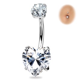 BodyBonita G23 Titanium Belly Button Rings - 14G Internally Threaded 14mm Belly Ring, Heart CZ Navel Rings for Women