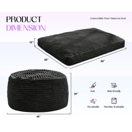 Hobestluk Bean Bag Chair Convertible Beanbag Chairs for Adults, 3 in 1 Bean Bags with Stripe Cover, Adult Bean Bag Chair for Living Room, Bedroom (Black, Queen)