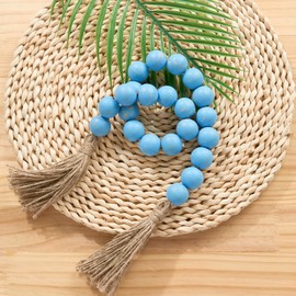 OMISHE 1.2" Large Wood Bead Garland with Tassels, 35.5" Long Boho Decorative Beads, Farmhouse Beads Garland for Home Tiered Tray Decor, Rustic Blue