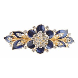 Ladies Enamel & Diamante Evening Occasion Stencil Hair Barrette Clip Leaves & Flower Blue