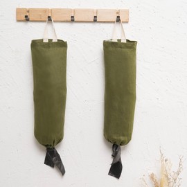 HSOFTIFY 100% Linen Plastic Bag Holder 2 Pcs with Hanging Loop, Army green