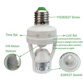 PIR Motion Sensor Light Socket,E26/E27 Smart Lamp Bulb Holder Adapter Auto On/Off Light Control Suitable for Garage Basement Porch Storage Room