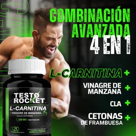 L Carnitina 4en1, 1300mg porcion: Carnitina, Vinagre de Manzana, CLAs y Cetonas de Frambuesa | Testo Rocket Carnitina 120 Cápsulas